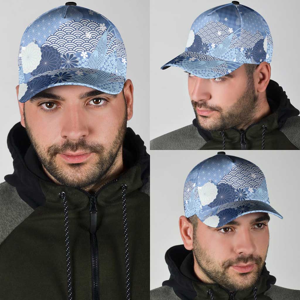Blue Japanese Traditional Motifs Classic Cap Palaka With Asanoha Seigaiha Sakura - Aussie Hoodie