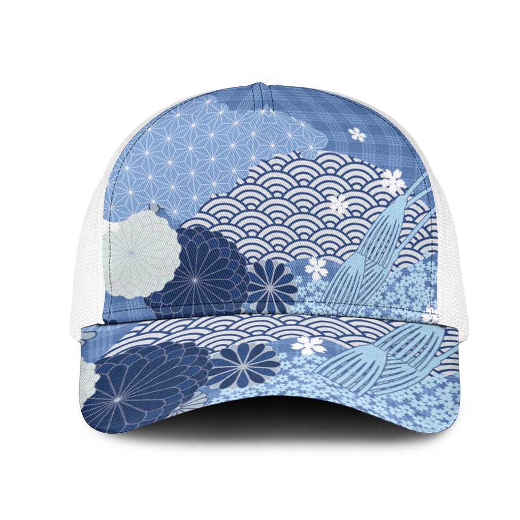 Blue Japanese Traditional Motifs Mesh Trucker Cap Palaka With Asanoha Seigaiha Sakura - Aussie Hoodie