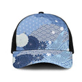 Blue Japanese Traditional Motifs Mesh Trucker Cap Palaka With Asanoha Seigaiha Sakura - Aussie Hoodie
