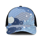 Blue Japanese Traditional Motifs Mesh Trucker Cap Palaka With Asanoha Seigaiha Sakura - Aussie Hoodie