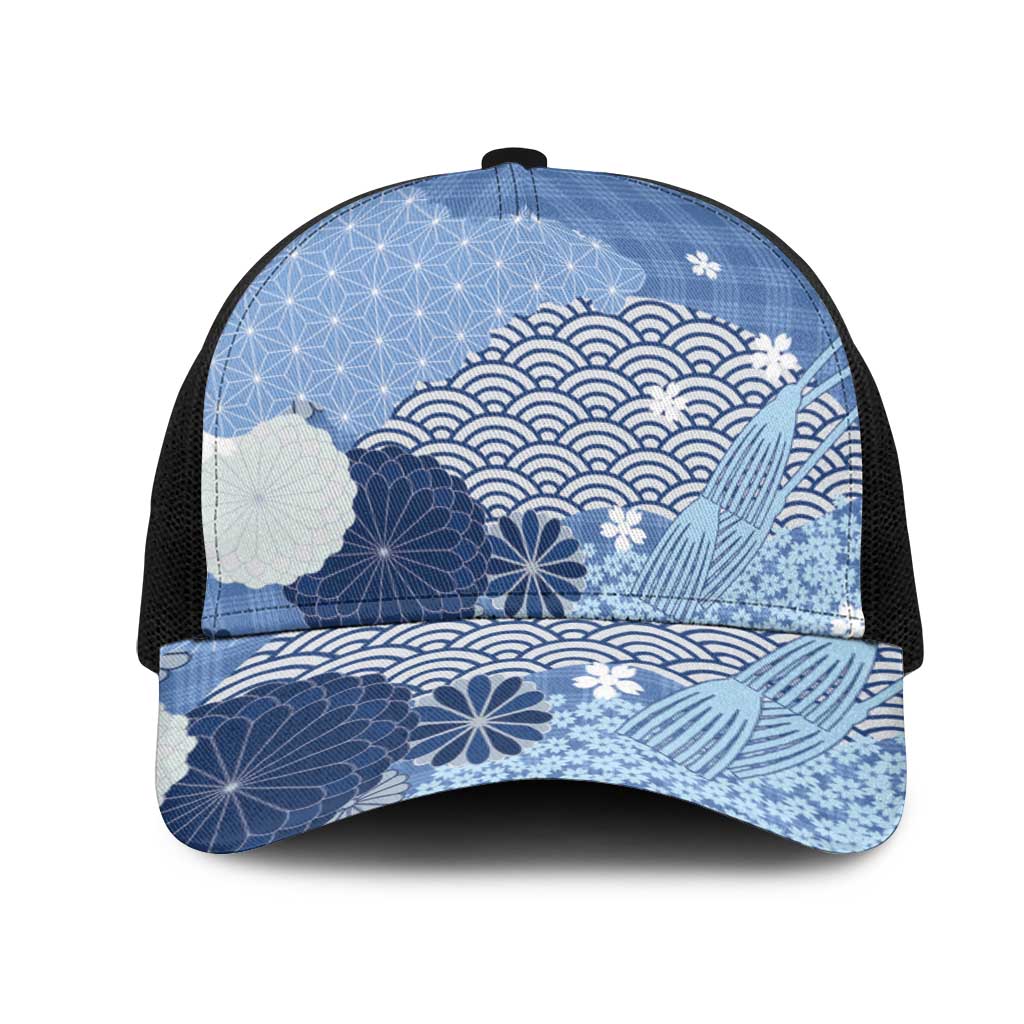 Blue Japanese Traditional Motifs Mesh Trucker Cap Palaka With Asanoha Seigaiha Sakura - Aussie Hoodie