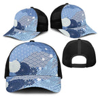 Blue Japanese Traditional Motifs Mesh Trucker Cap Palaka With Asanoha Seigaiha Sakura - Aussie Hoodie