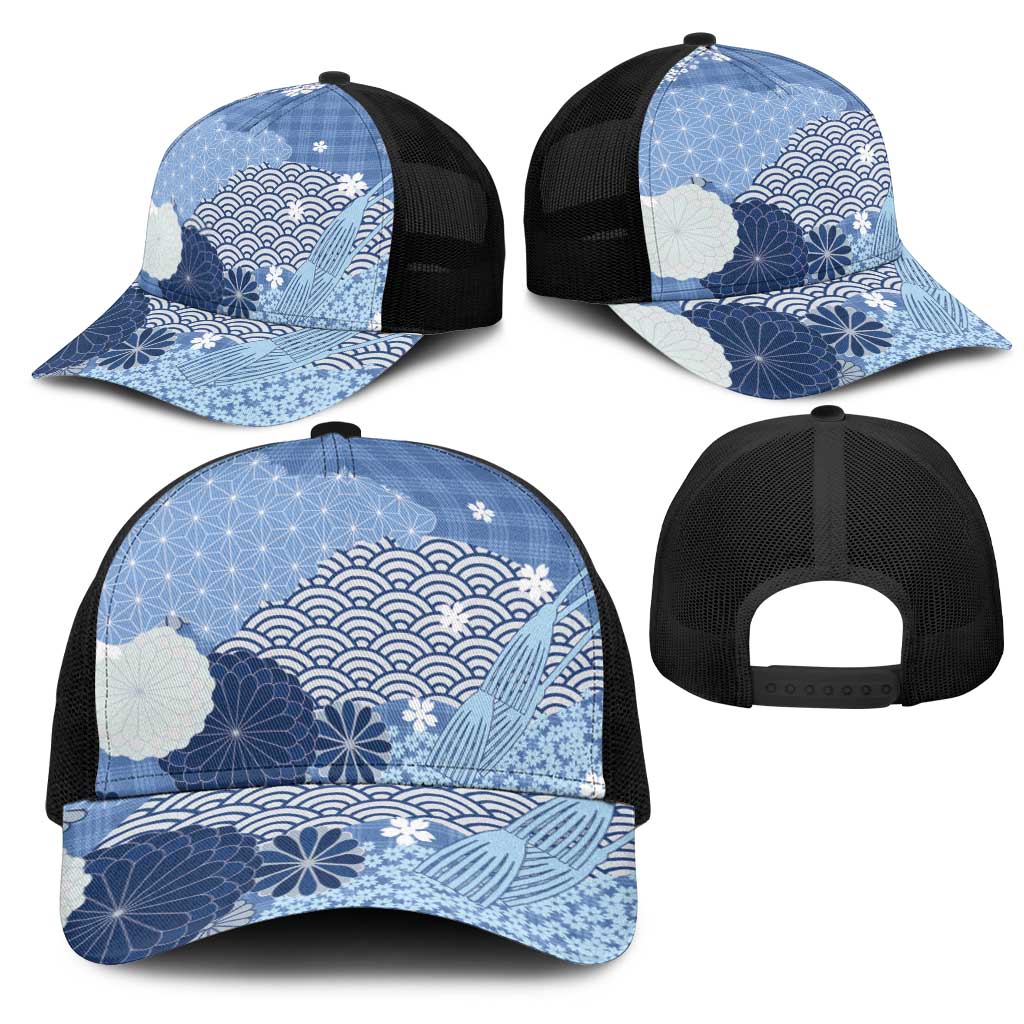 Blue Japanese Traditional Motifs Mesh Trucker Cap Palaka With Asanoha Seigaiha Sakura - Aussie Hoodie
