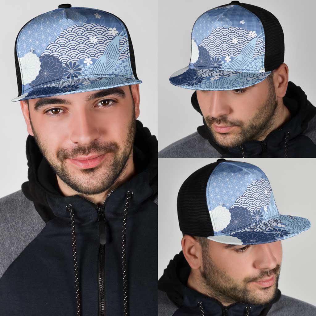 Blue Japanese Traditional Motifs Mesh Trucker Cap Palaka With Asanoha Seigaiha Sakura - Aussie Hoodie