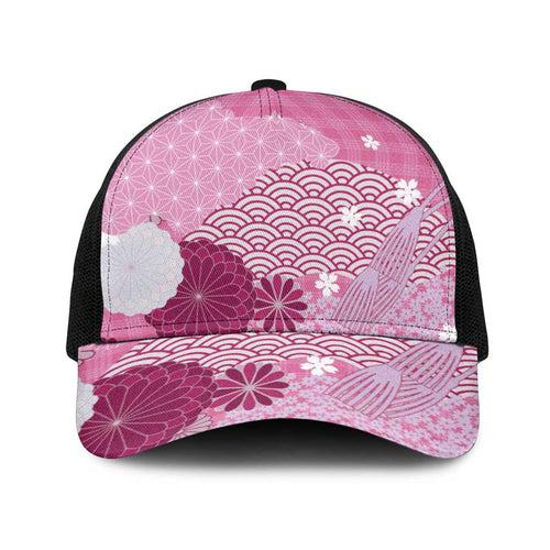 Pink Japanese Traditional Motifs Baseball Net Cap Palaka With Asanoha Seigaiha Sakura - Aussie Hoodie