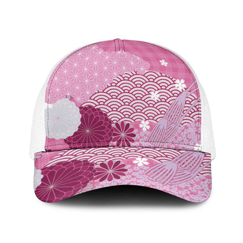 Pink Japanese Traditional Motifs Baseball Net Cap Palaka With Asanoha Seigaiha Sakura - Aussie Hoodie