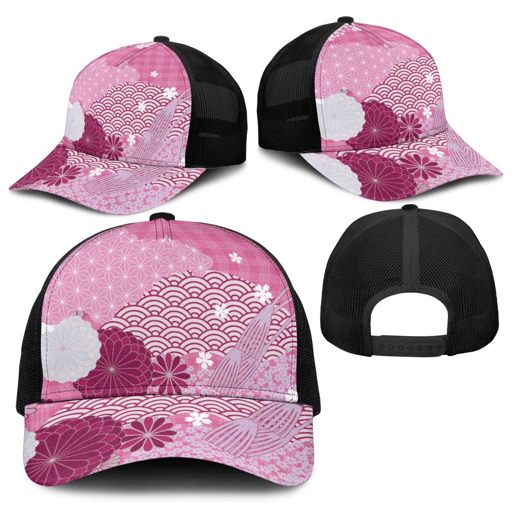 Pink Japanese Traditional Motifs Baseball Net Cap Palaka With Asanoha Seigaiha Sakura - Aussie Hoodie