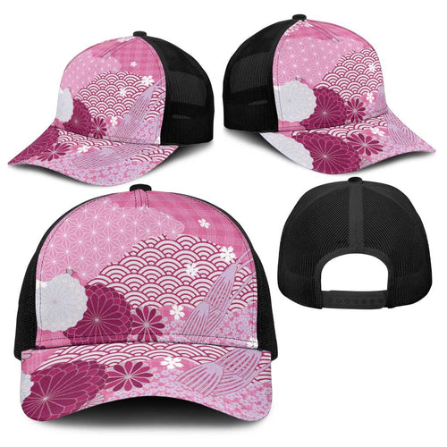 Pink Japanese Traditional Motifs Baseball Net Cap Palaka With Asanoha Seigaiha Sakura - Aussie Hoodie