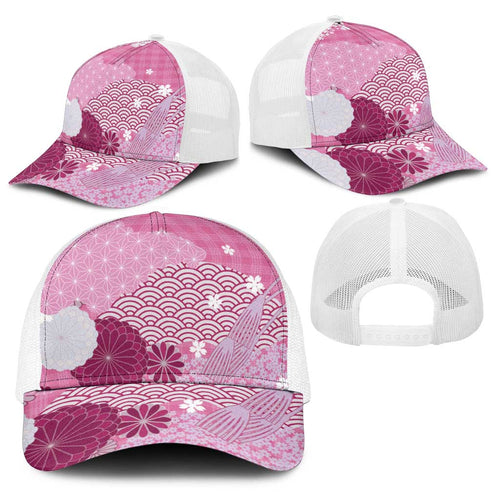 Pink Japanese Traditional Motifs Baseball Net Cap Palaka With Asanoha Seigaiha Sakura - Aussie Hoodie