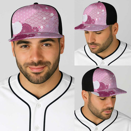 Pink Japanese Traditional Motifs Baseball Net Cap Palaka With Asanoha Seigaiha Sakura - Aussie Hoodie