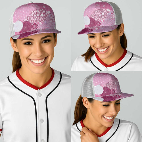 Pink Japanese Traditional Motifs Baseball Net Cap Palaka With Asanoha Seigaiha Sakura - Aussie Hoodie