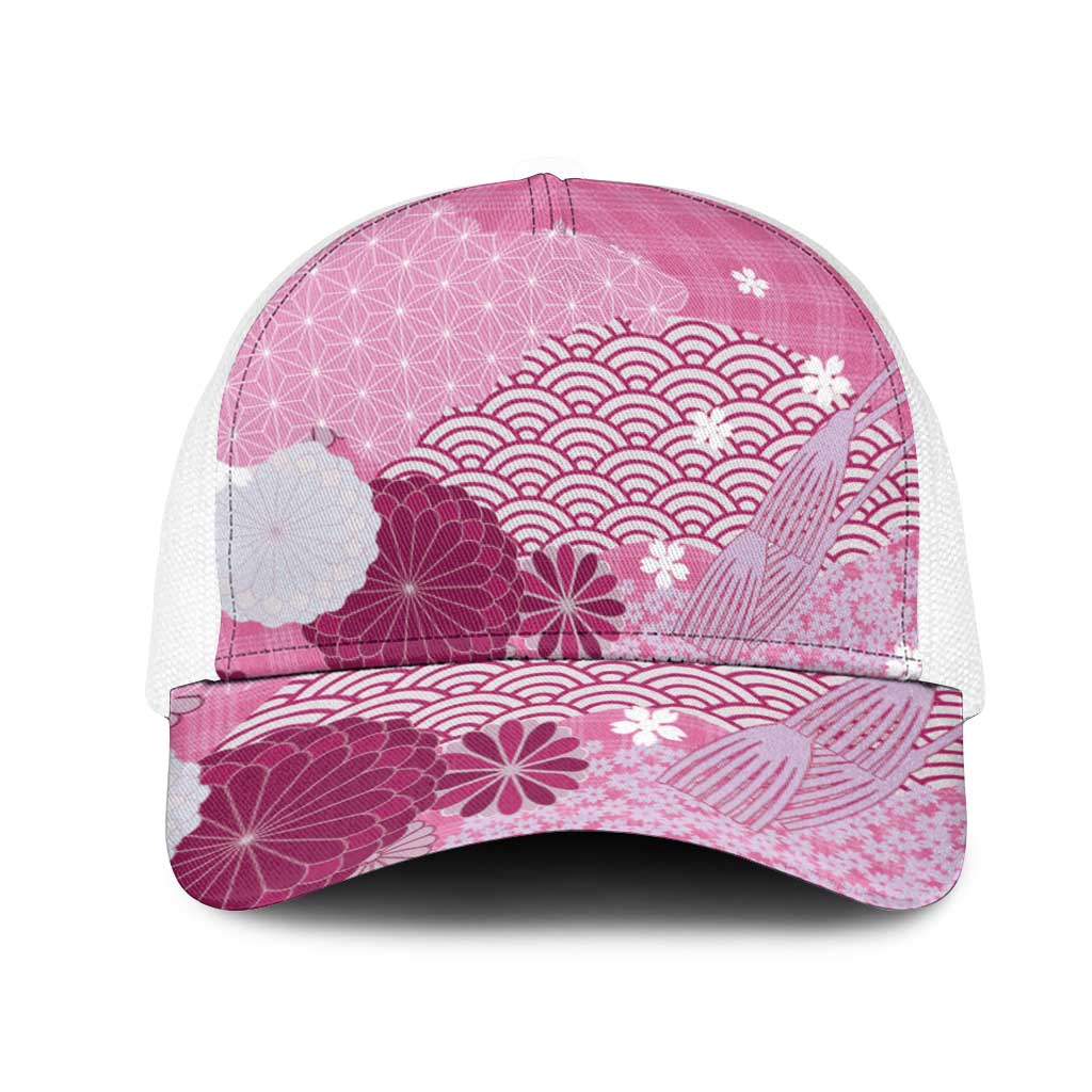 Pink Japanese Traditional Motifs Mesh Trucker Cap Palaka With Asanoha Seigaiha Sakura - Aussie Hoodie