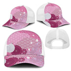 Pink Japanese Traditional Motifs Mesh Trucker Cap Palaka With Asanoha Seigaiha Sakura - Aussie Hoodie