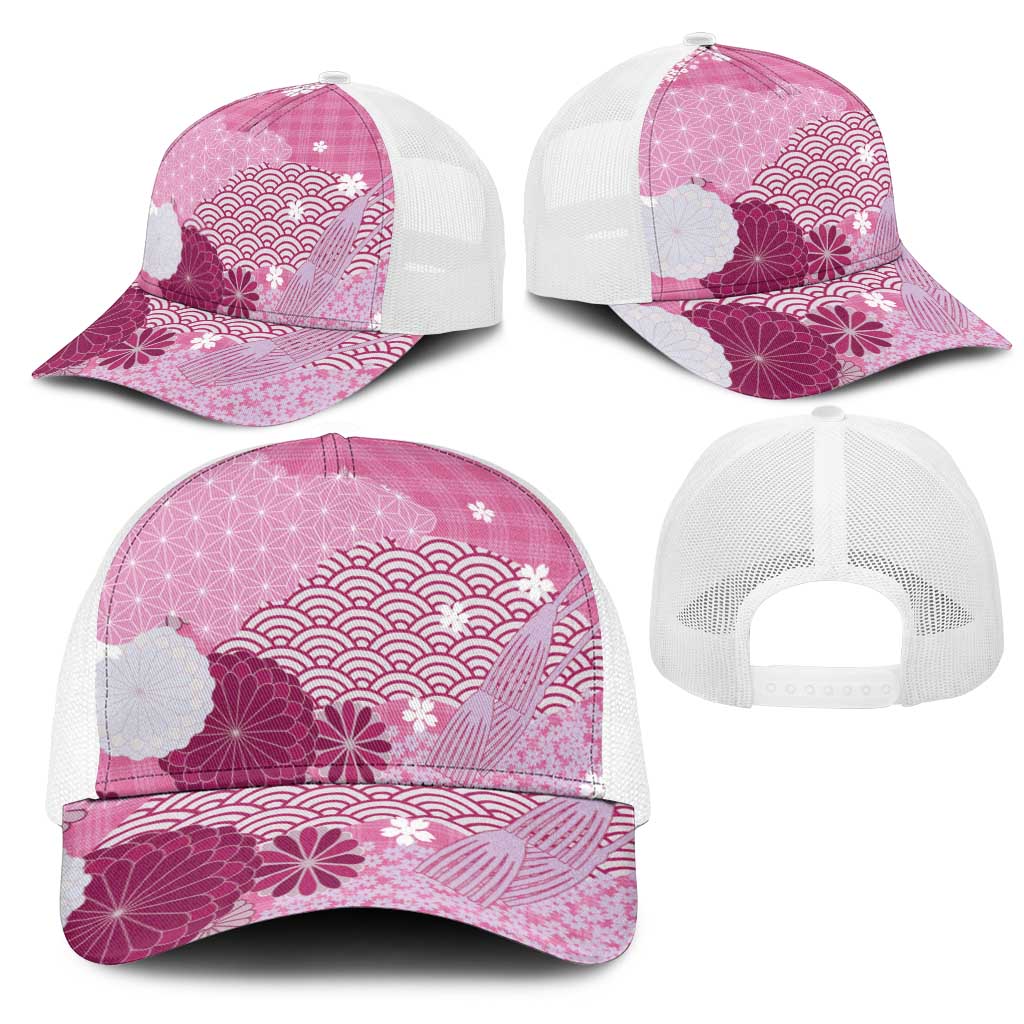 Pink Japanese Traditional Motifs Mesh Trucker Cap Palaka With Asanoha Seigaiha Sakura - Aussie Hoodie