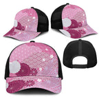 Pink Japanese Traditional Motifs Mesh Trucker Cap Palaka With Asanoha Seigaiha Sakura - Aussie Hoodie