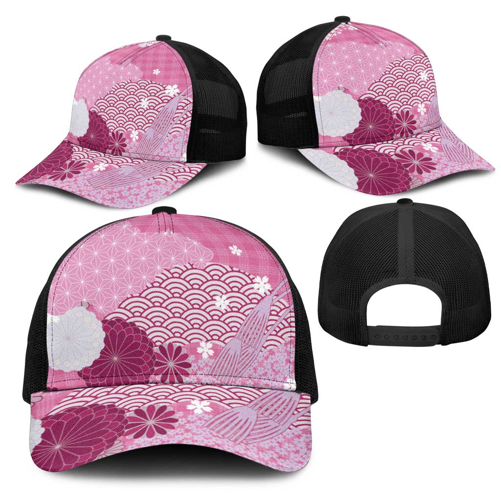 Pink Japanese Traditional Motifs Mesh Trucker Cap Palaka With Asanoha Seigaiha Sakura - Aussie Hoodie