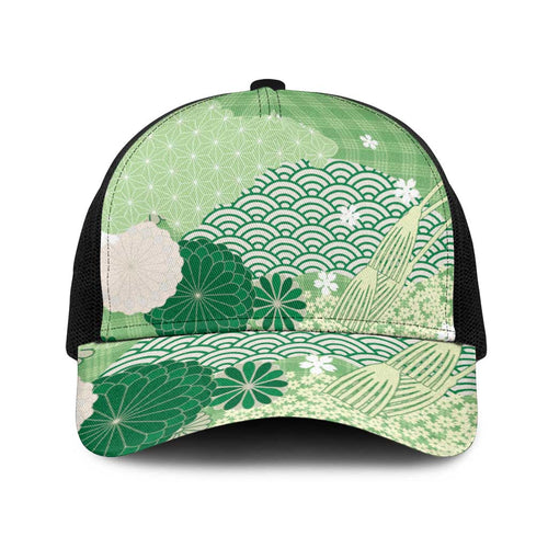 Green Japanese Traditional Motifs Baseball Net Cap Palaka With Asanoha Seigaiha Sakura - Aussie Hoodie