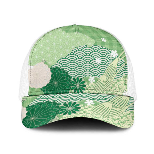 Green Japanese Traditional Motifs Baseball Net Cap Palaka With Asanoha Seigaiha Sakura - Aussie Hoodie