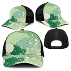 Green Japanese Traditional Motifs Baseball Net Cap Palaka With Asanoha Seigaiha Sakura - Aussie Hoodie