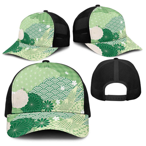 Green Japanese Traditional Motifs Baseball Net Cap Palaka With Asanoha Seigaiha Sakura - Aussie Hoodie