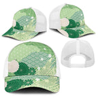 Green Japanese Traditional Motifs Baseball Net Cap Palaka With Asanoha Seigaiha Sakura - Aussie Hoodie