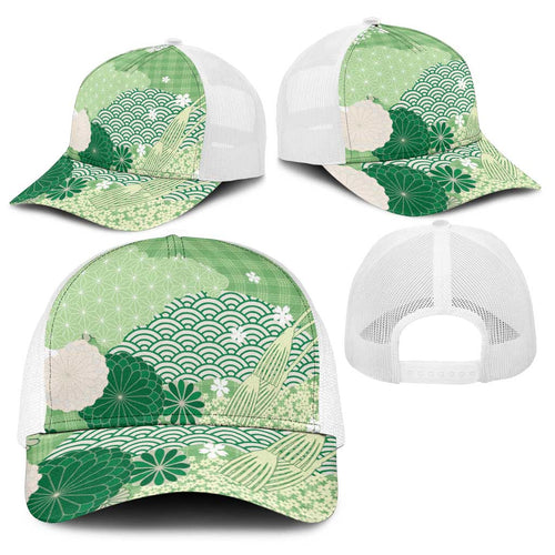 Green Japanese Traditional Motifs Baseball Net Cap Palaka With Asanoha Seigaiha Sakura - Aussie Hoodie