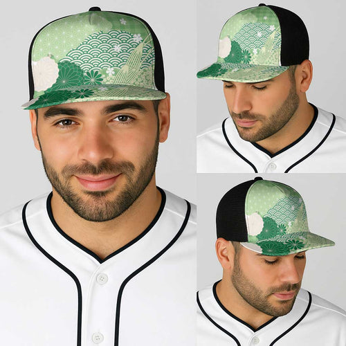 Green Japanese Traditional Motifs Baseball Net Cap Palaka With Asanoha Seigaiha Sakura - Aussie Hoodie