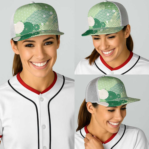 Green Japanese Traditional Motifs Baseball Net Cap Palaka With Asanoha Seigaiha Sakura - Aussie Hoodie