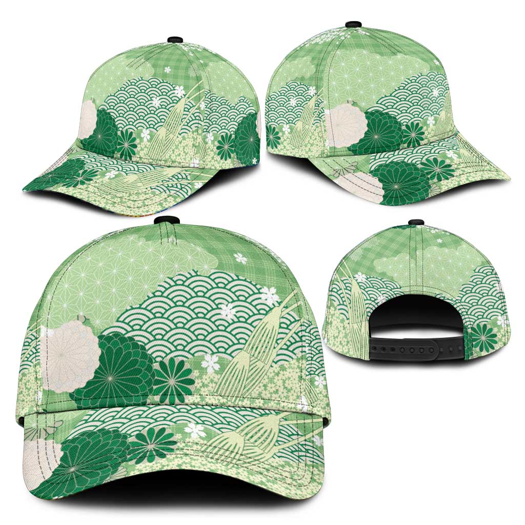Green Japanese Traditional Motifs Classic Cap Palaka With Asanoha Seigaiha Sakura - Aussie Hoodie