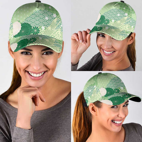 Green Japanese Traditional Motifs Classic Cap Palaka With Asanoha Seigaiha Sakura - Aussie Hoodie
