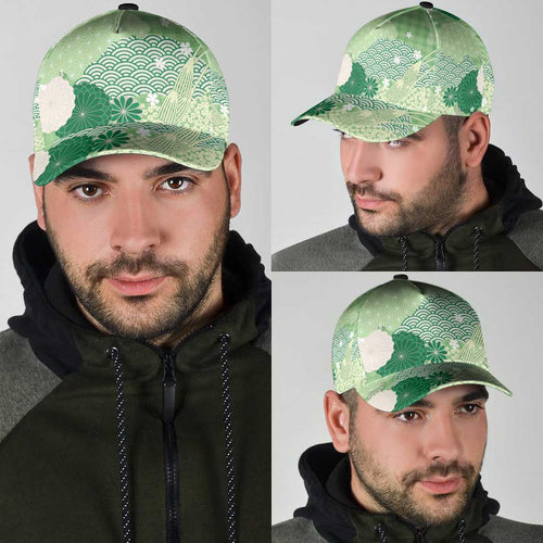 Green Japanese Traditional Motifs Classic Cap Palaka With Asanoha Seigaiha Sakura - Aussie Hoodie