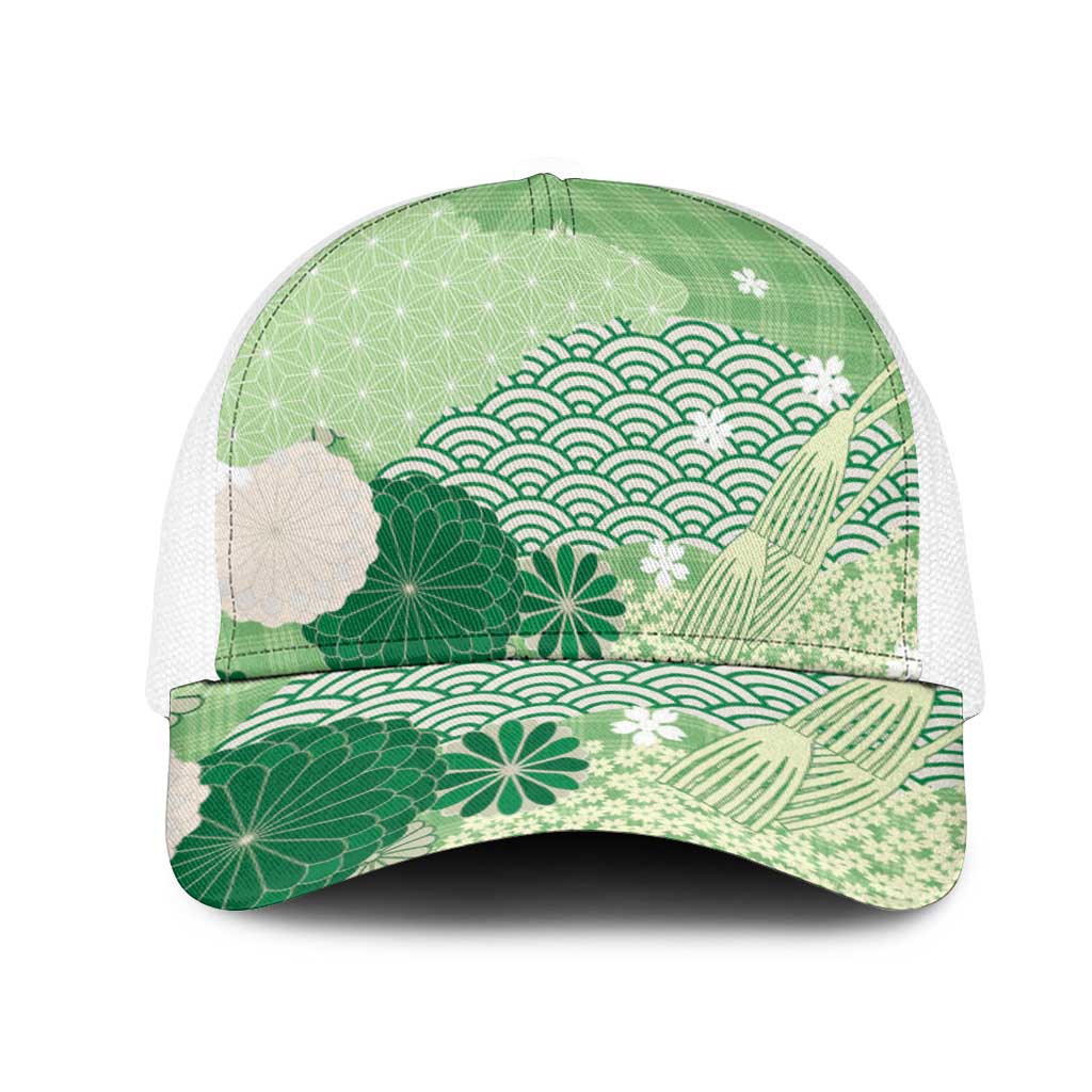Green Japanese Traditional Motifs Mesh Trucker Cap Palaka With Asanoha Seigaiha Sakura - Aussie Hoodie