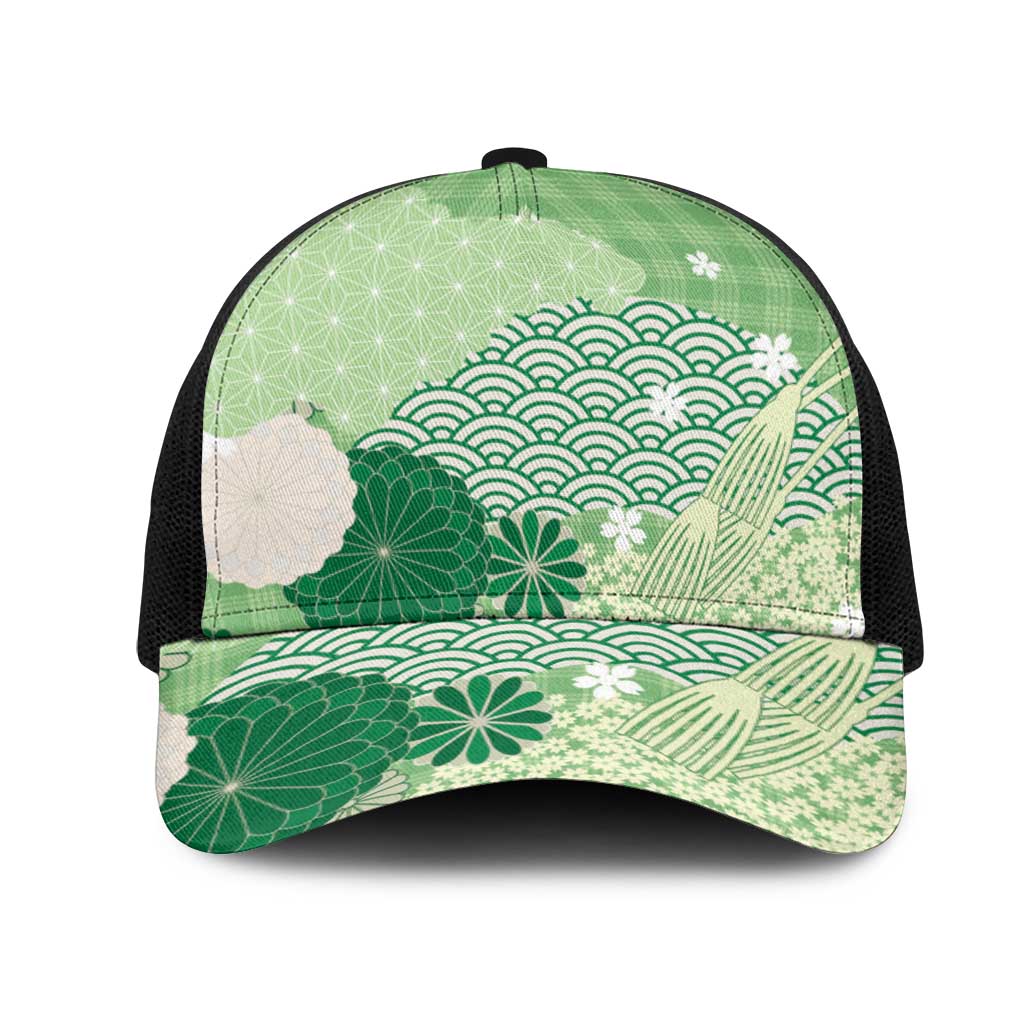 Green Japanese Traditional Motifs Mesh Trucker Cap Palaka With Asanoha Seigaiha Sakura - Aussie Hoodie