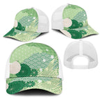 Green Japanese Traditional Motifs Mesh Trucker Cap Palaka With Asanoha Seigaiha Sakura - Aussie Hoodie