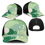 Green Japanese Traditional Motifs Mesh Trucker Cap Palaka With Asanoha Seigaiha Sakura - Aussie Hoodie