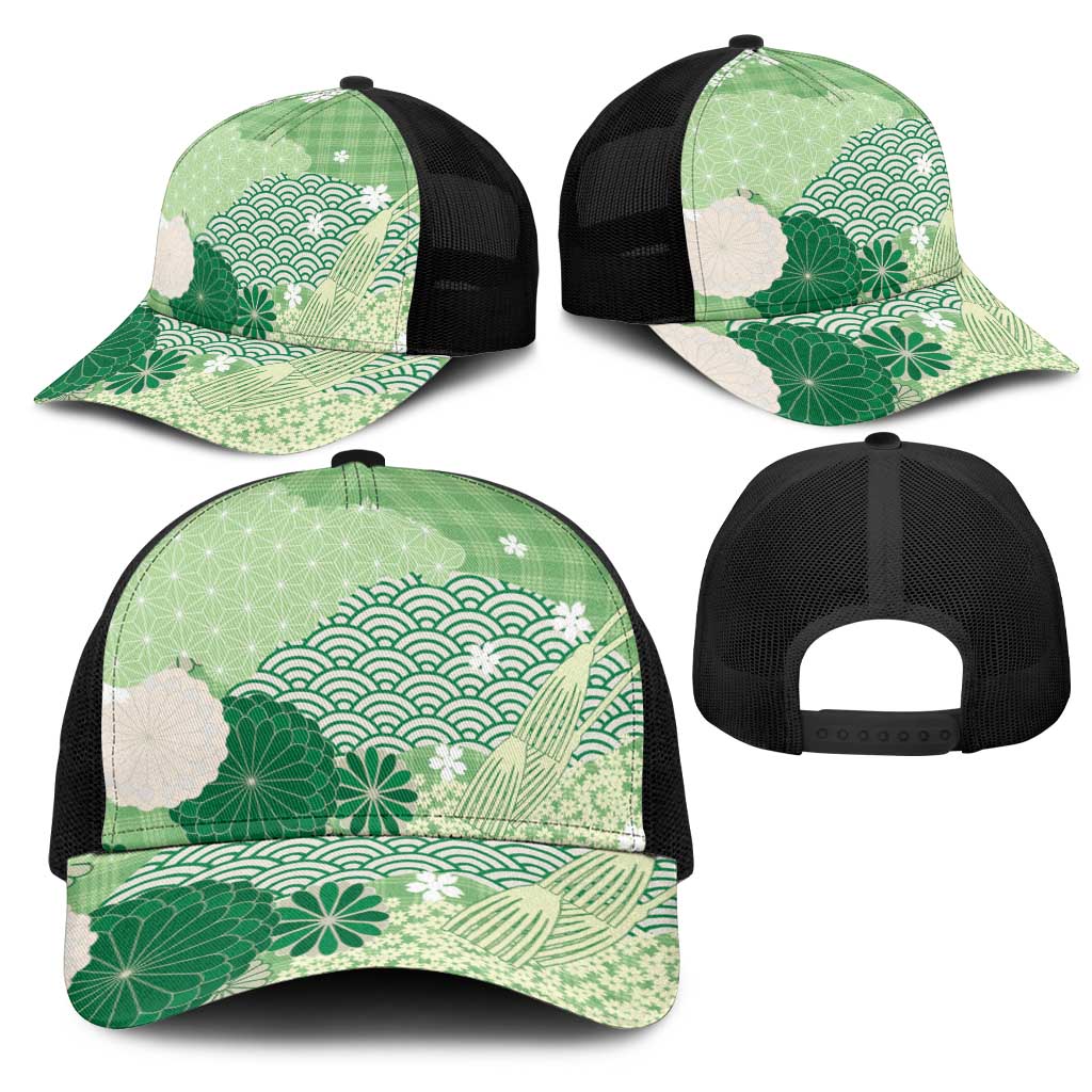 Green Japanese Traditional Motifs Mesh Trucker Cap Palaka With Asanoha Seigaiha Sakura - Aussie Hoodie