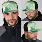 Green Japanese Traditional Motifs Mesh Trucker Cap Palaka With Asanoha Seigaiha Sakura - Aussie Hoodie