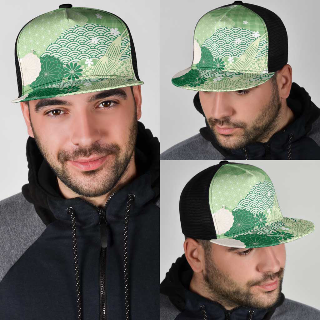 Green Japanese Traditional Motifs Mesh Trucker Cap Palaka With Asanoha Seigaiha Sakura - Aussie Hoodie