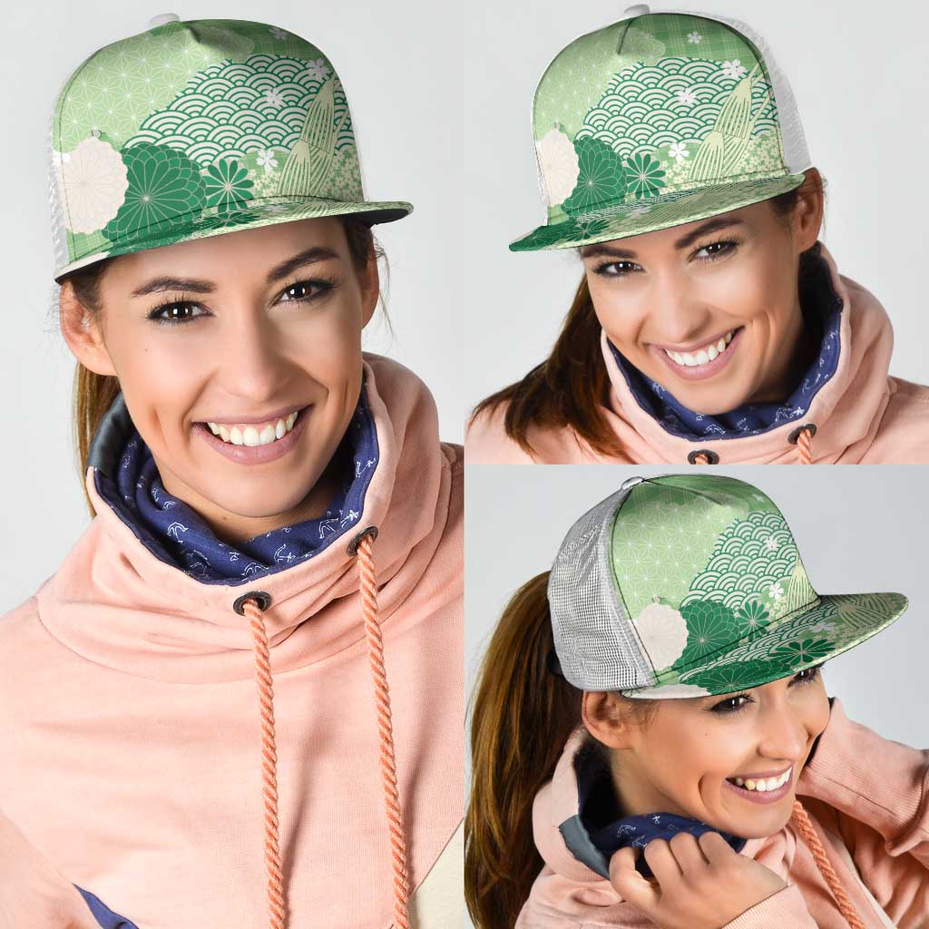 Green Japanese Traditional Motifs Mesh Trucker Cap Palaka With Asanoha Seigaiha Sakura - Aussie Hoodie