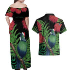 New Zealand Tui Bird Christmas Couples Matching Off Shoulder Maxi Dress and Hawaiian Shirt Maori Fern Mix Pohotukawa