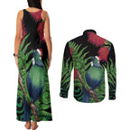 New Zealand Tui Bird Christmas Couples Matching Tank Maxi Dress and Long Sleeve Button Shirt Maori Fern Mix Pohotukawa
