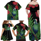 New Zealand Tui Bird Christmas Family Matching Off Shoulder Maxi Dress and Hawaiian Shirt Maori Fern Mix Pohotukawa