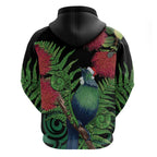 New Zealand Tui Bird Christmas Hoodie Maori Fern Mix Pohotukawa