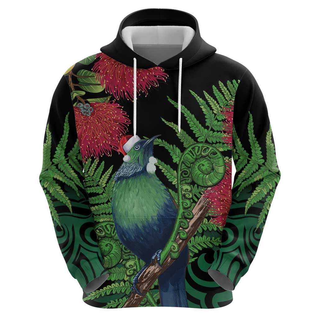 New Zealand Tui Bird Christmas Hoodie Maori Fern Mix Pohotukawa