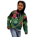 New Zealand Tui Bird Christmas Kid Hoodie Maori Fern Mix Pohotukawa