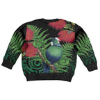 New Zealand Tui Bird Christmas Kid Ugly Christmas Sweater Maori Fern Mix Pohotukawa