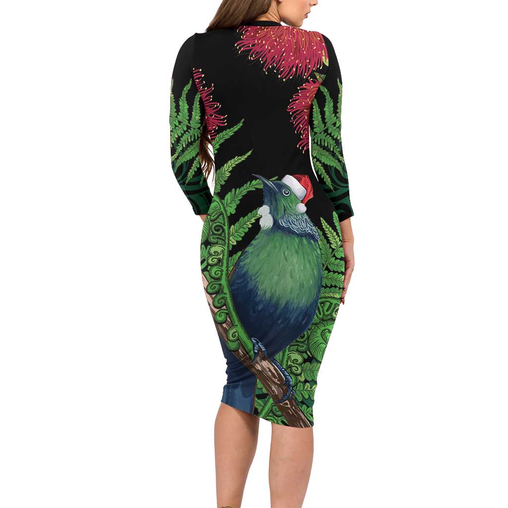 New Zealand Tui Bird Christmas Long Sleeve Bodycon Dress Maori Fern Mix Pohotukawa