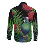 New Zealand Tui Bird Christmas Long Sleeve Button Shirt Maori Fern Mix Pohotukawa