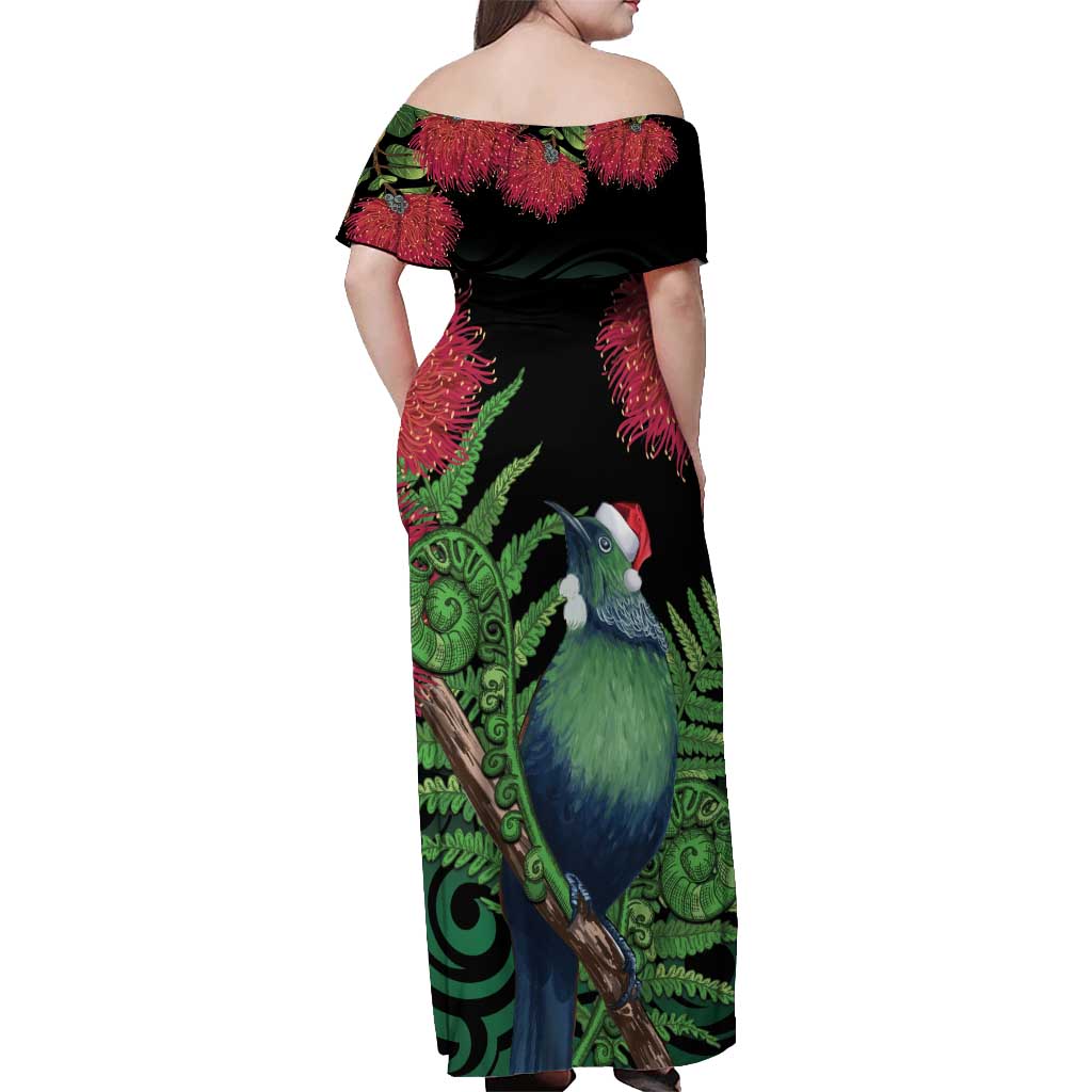 New Zealand Tui Bird Christmas Off Shoulder Maxi Dress Maori Fern Mix Pohotukawa