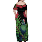 New Zealand Tui Bird Christmas Off Shoulder Maxi Dress Maori Fern Mix Pohotukawa